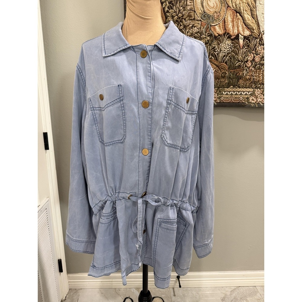 Lane Bryant Jacket Womens 26/28 Blue Lyocell Chambray Snap Front Drawstring